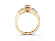 Fancy Pink Three-Stone Emerald Cut Diamond Ring Set in Yellow gold with Pear Side Stones and Prong Setting