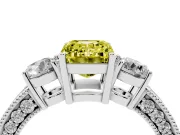 Fancy Yellow Emerald Cut Diamond Three-Stone Ring Set in Platinum with Round Side Stones and Pavé Band