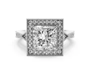Princess Cut Diamond Halo Engagement Ring Set in Silver with Milgrain Pavé Band