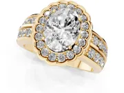 Oval Cut Diamond Scalloped Halo Ring Set in Yellow gold with Pavé Split Shank