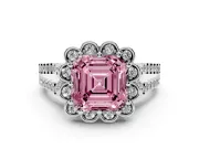 Asscher Cut Floral Halo Engagement Ring Setting for a Fancy Pink Lab-Grown Diamond | Pavé Split Shank | Sterling Silver