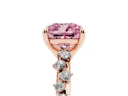 Fancy Pink Cushion Cut Diamond Solitaire Vine Band Ring Set in Rose gold with Round Accents and Prong Setting