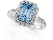 Fancy Blue Emerald Cut Diamond Halo Ring Set in Platinum with Pavé-Setting Band and Open Prong Center