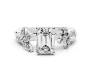 Emerald Cut Diamond Floral Vine Solitaire Engagement Ring Set in White gold with Marquise Leaves