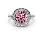 Round Milgrain Halo Engagement Ring Setting for a Fancy Pink Lab-Grown Diamond | Pavé Shoulders | Sterling Silver