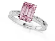 Fancy Pink Emerald Cut Diamond Solitaire Milgrain Engraved Band Set in Silver with Prong Setting