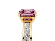 Fancy Pink Asscher Cut Diamond Solitaire Ring Set in Yellow gold with Channel-Set Band and Prong Setting