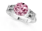 Fancy Pink Round Cut Diamond Engagement Ring Set in White gold with Baguette Side Stones and Channel Set Band
