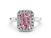 Fancy Pink Emerald Cut Halo Round Diamond Solitaire Ring Set in Platinum with Pavé Band and Prong Setting