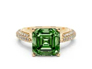 Fancy Green Asscher Cut Diamond Solitaire Engagement Ring Set in Yellow gold with Multi-Row Round Pavé Band and Prong Setting