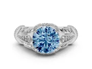Fancy Blue Round Cut Diamond Vintage-Inspired Milgrain Ring Set in Platinum with Accent Split Shank