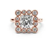 Cushion Cut Vintage Milgrain Bezel Cluster Halo Engagement Ring Setting | Plain Band | Rose Gold