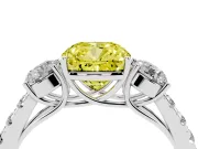 Fancy Yellow Cushion Cut Diamond Three-Stone Ring Set in Silver with Round Side Stones and Delicate Pavé Band