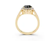 Fancy Black Round Cut Diamond Floral Halo Ring Set in Yellow gold with Pavé Band and Prong Setting