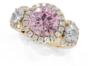 Round Three Stone Halo Engagement Ring Setting for a Fancy Pink Lab-Grown Diamond | Yellow Gold