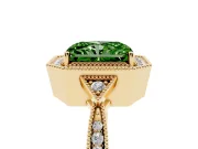 Fancy Green Radiant Cut Diamond Halo Engagement Ring Set in Yellow gold with Milgrain Pavé Band