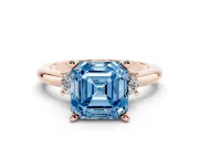 Asscher Cut Three Stone Engagement Ring Setting for a Fancy Blue Lab-Grown Diamond | Round Side Stones | Rose Gold