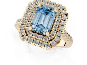 Fancy Blue Emerald Cut Diamond Double Halo Statement Ring Set in Yellow gold with Pavé Band