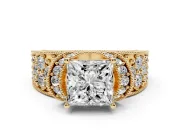 Princess Cut Vintage Milgrain Pave Engagement Ring Setting | Crescent Side Rows | Yellow Gold
