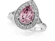 Fancy Pink Pear Cut Diamond Halo Engagement Ring Set in Silver with Milgrain Pavé Band