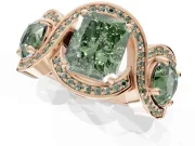 Radiant Cut Three Stone Halo Engagement Ring Setting for a Fancy Green Lab-Grown Diamond | Pavé Wave Band | Rose Gold