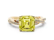 Fancy Yellow Asscher Cut Diamond Solitaire Twisted Pavé Ring Set in Yellow gold with Prong Setting