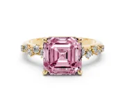 Fancy Pink Asscher Cut Diamond Solitaire Vine Band Ring Set in Yellow gold with Round Accents and Prong Setting