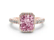 Fancy Pink Radiant Cut Diamond Halo Engagement Ring Set in Rose gold with Pavé Band and Prong Setting