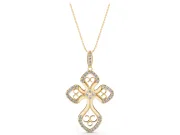 Round Lab-Grown Diamond Graduated Filigree Cross Pendant Necklace | Milgrain Edges | Yellow Gold