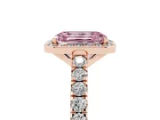 Fancy Pink Emerald Cut Diamond Halo Engagement Ring Set in Rose gold with Pavé Band and Prong Setting