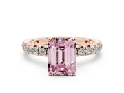 Fancy Pink Emerald Cut Diamond Pavé Solitaire Ring Set in Rose gold with Round Band and Prong Setting