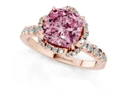 Fancy Pink Cushion Cut Diamond Halo Pavé Band Ring Set in Rose gold with Prong-Held Center