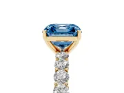 Fancy Blue Asscher Cut Diamond Solitaire Ring Set in Yellow gold with Shared Prong Pavé Band