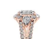 Emerald Cut Diamond Halo Split Shank Engagement Ring Set in Rose gold with Prong-Held Center Stone