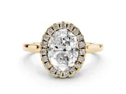 Oval Cut Halo Round Diamond Solitaire Ring Set in Yellow gold with Pavé Band and Prong Setting