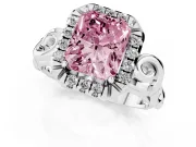Fancy Pink Radiant Cut Diamond Halo Ring Set in Platinum with Scrollwork Band and Prong Setting