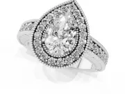 Pear Cut Diamond Halo Ring Set in Silver with Round Accent Halo, Pavé Band and Prong Setting