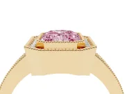 Fancy Pink Radiant Cut Diamond Halo Engagement Ring Set in Yellow gold with Pavé Band and Round Halo Stones