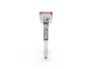 Fancy Pink Emerald Cut Diamond Three-Stone Ring Set in Silver with Round Side Stones and Pavé Band