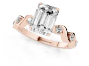 Emerald Cut Diamond Solitaire Ring Set in Rose gold with Ribbon Twist Band, Round Accents and Prong Setting