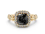 Cushion Cut Leaf Halo Engagement Ring Setting for a Black Center | Bezel Accents | Yellow Gold