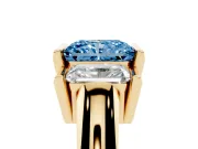 Radiant Cut Channel-Set Three Stone Engagement Ring Setting for a Fancy Blue Lab-Grown Diamond | Yellow Gold