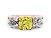 Cushion Cut Three Stone Engagement Ring Setting for a Fancy Yellow Lab-Grown Diamond | Wide Plain Band | Rose Gold
