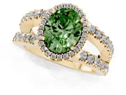 Fancy Green Oval Cut Diamond Halo Ring Set in Yellow gold with Pavé Split Shank and Prong Setting