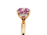 Fancy Pink Cushion Cut Diamond Solitaire Ring Set in Yellow gold with Thin Band and Prong Setting