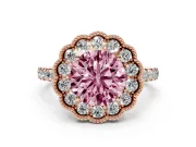 Round Vintage Milgrain Floral Halo Engagement Ring Setting for a Fancy Pink Lab-Grown Diamond | Pavé Band | Rose Gold