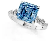 Fancy Blue Asscher Cut Diamond Solitaire Vine Band Ring Set in White gold with Round Accents and Prong Setting