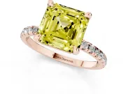 Fancy Yellow Asscher Cut Diamond Brilliant Solitaire Ring Set in Rose gold with Pavé Band and Prong Setting