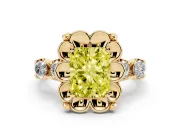 Fancy Yellow Radiant Cut Diamond Floral Halo Ring Set in Yellow gold with Shared Prong Band