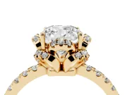 Cushion Cut Diamond Halo Pavé Band Ring Set in Yellow gold with Prong-Held Center